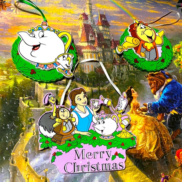 DISNEY’S BEAUTY & THE BEAST VTG 90s KURT ALDER HANDCRAFTED WOODEN XMAS ORNAMENTS - Picture 1 of 12